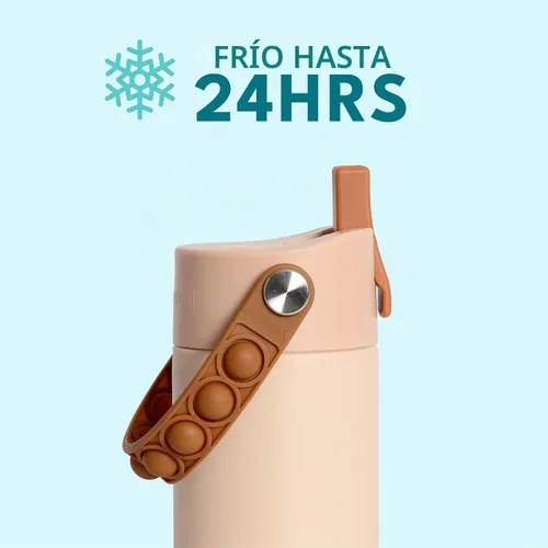 Vista 3 de Elemental Botella de agua aislada para niños, botella de agua de acero inoxidable con tapa de popote y asa Pop-it, botellas de agua a prueba