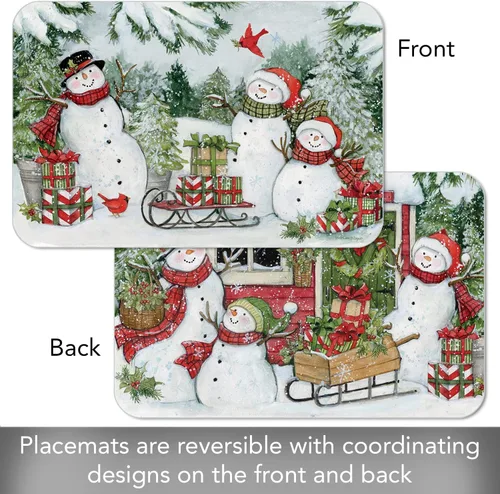 Vista 3 de Wipe-Clean - Manteles individuales reversibles de Decofoam Snowman's Farmhouse, juego de 2, fabricados en los Estados Unidos