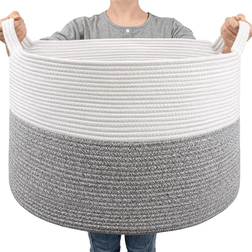 Vista 13 de Goodpick Cesta de manta de 65 litros, 19.7 x 12.6 pulgadas, cesta de cuerda de algodón, para sala de estar, organizadores de juguetes y Todo marrón