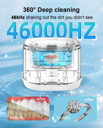 Vista 2 de BCOM Máquina limpiadora ultrasónica de retenedor, cápsula de limpieza dental de 46 Khz para frenos, protector nocturno, protector bucal, cepillo
