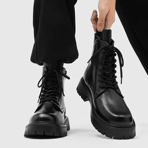 Vista 2 de Botas de combate con plataforma de charol negro para hombre, puntera ancha, con cordones, suela con cremallera lateral, antideslizantes, botas