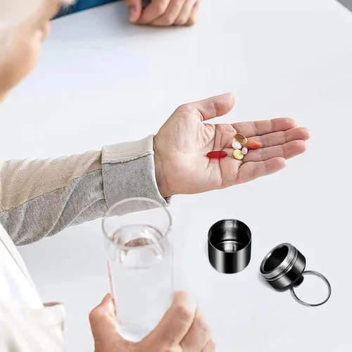 Vista 6 de Llavero pastillero - Organizador de pastillas pequeño, pastillero impermeable, llavero portátil con anillo para bolso (negro)