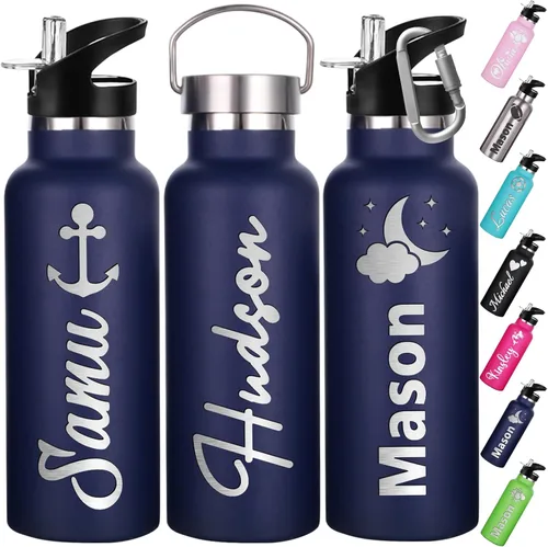 Vista 13 de Botellas de agua personalizadas con tapa de popote de 12/26 onzas con nombre grabado, logotipo, botella aislada personalizada, botellas de agua