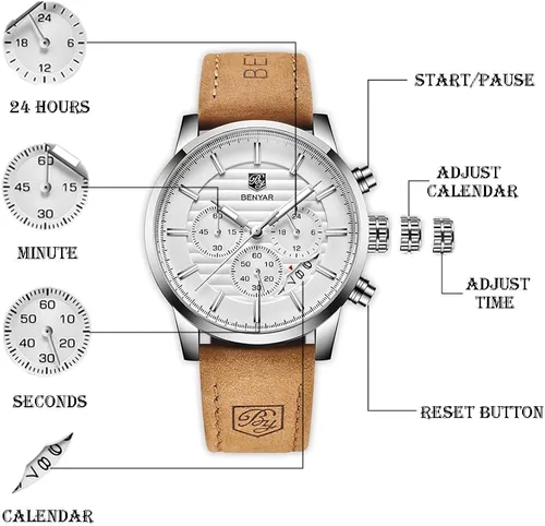 Vista 3 de BENYAR - Reloj de cuarzo impermeable con cronógrafo de cuarzo para hombre y negocios, Cronógrafo, movimiento de cuarzo