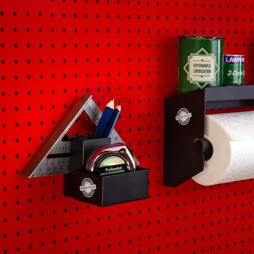 Vista 3 de Soporte de cinta métrica para tablero de clavijas, incluye caja de lápices y soporte triangular cuadrado de carpintero, accesorios organizadores