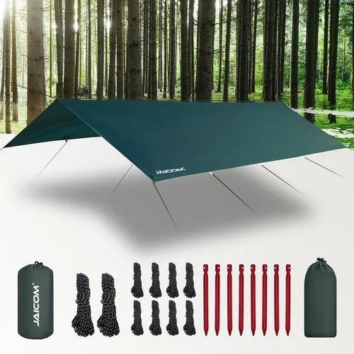 Vista 12 de JAICOM Lona Impermeable para Acampar - Toldo para Lluvia de Hamaca de 10X10 pies, Ultraligera y Portátil con Protección UV, Lona para Mochilero