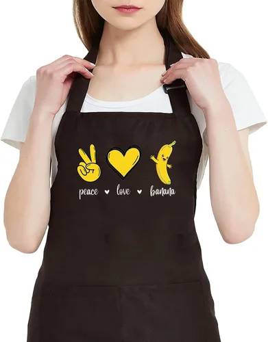 Vista 6 de Peace Love - Delantales de plátanos para mujer con 2 bolsillos, bonito gráfico de frutas, impermeable, ajustable, delantal de cocina