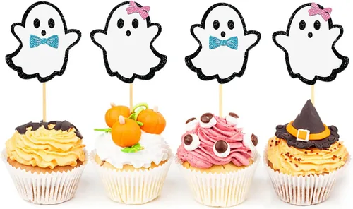 Vista 4 de 24 piezas de adornos de Halloween para cupcakes fantasmas, palillos de revelación de género para niños y niñas, adornos para tartas rosas y azules