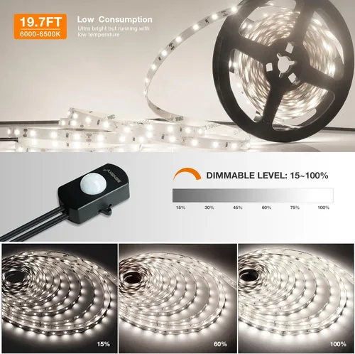 Vista 4 de Kit de iluminación LED con sensor de movimiento regulable Sensky para debajo del gabinete, tira de luz LED con sensor de movimiento, adaptador