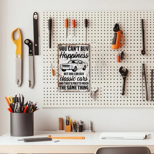 Vista 5 de Divertidos letreros de metal vintage con texto en inglés «You Can't Buy Happiness But You Can Buy a Classic Cars Garage», letreros de metal