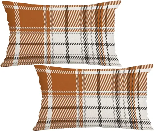 Vista 8 de AOFANGGO - Juego de 2 fundas de almohada de otoño decorativas de 16x16 pulgadas. Fundas de almohada de cuadros naranja y gris, cojines de lino