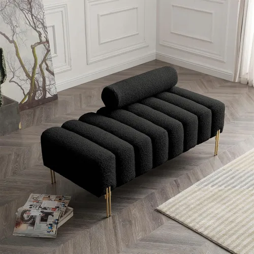 Vista 7 de Holaki Banco moderno de 53.2 pulgadas, cómodo sofá tapizado de tela sherpa, de 2 plazas, reposapiés, banco otomano con patas de metal dorado y Negro