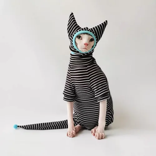 Vista 4 de Sphynx - Conjunto de camisa transpirable a rayas negras para gatos, gorro y camisa para mascotas (talla S)