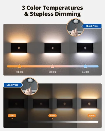 Vista 2 de wowatt Luz de escalera recargable con sensor de movimiento, luces nocturnas negras con montaje magnético, luces de escalón regulables