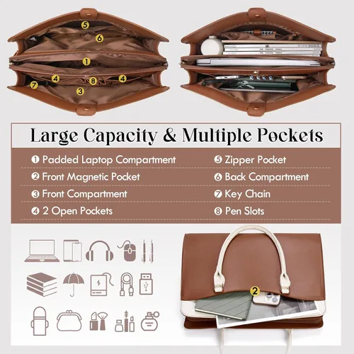 Vista 3 de Bolsa para laptop RAINSMORE para mujeres de 15.6 pulgadas, impermeable, de cuero PU, bolsas de mano grande para laptop, bolsa de trabajo profesional