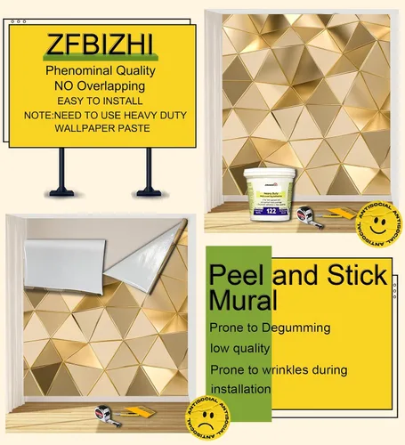 Vista 3 de Papel tapiz de geometría dorada 3D para dormitorio, sala de estar, baño, oficina (no se pega ni se pega)