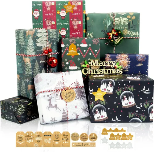 Vista 11 de MAMUNU - Papel de regalo de Navidad, 6 hojas de papel de regalo de lámina metálica negro y dorado, papel de regalo con diseño de copo de nieve
