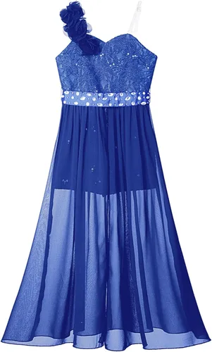 Vista 4 de Vestido de mameluco para niña de flores, vestido de dama de honor de princesa con vuelo de un hombro