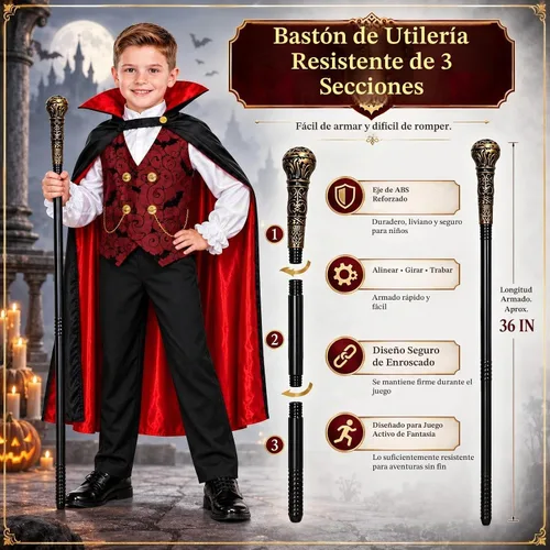 Vista 5 de Doloowee Disfraz de vampiro de Halloween de 4 piezas para niños de 3 a 12