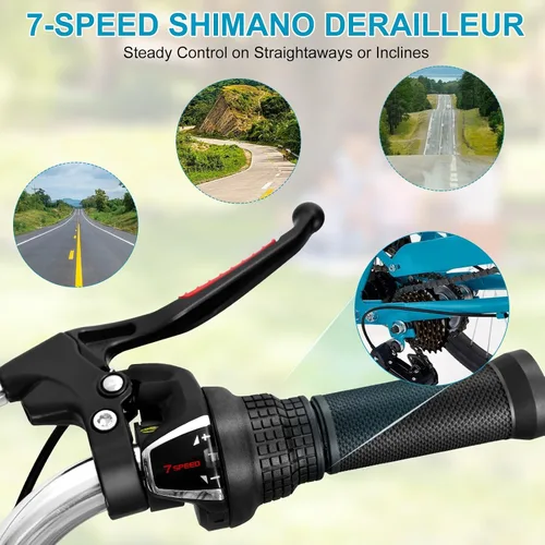 Vista 4 de Bicicletas de tres ruedas de 24 pulgadas para adultos, triciclos para adultos para mujeres, triciclo de 7 velocidades con doble cadena, triciclo