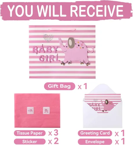 Vista 3 de wishinside Juego de bolsa de regalo rosa grande de 13 pulgadas con tarjeta de felicitación y papel de seda (elefante 3D) para bebé, baby shower