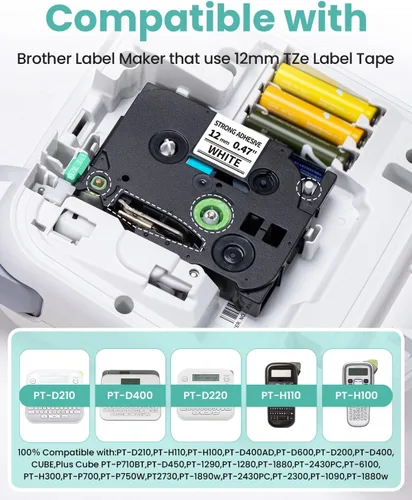 Vista 3 de TZe-S231 - Cinta de etiquetas compatible con Brother P Touch de 0.472 in, 0.47 pulgadas, negro sobre blanco, cinta laminada extra resistente