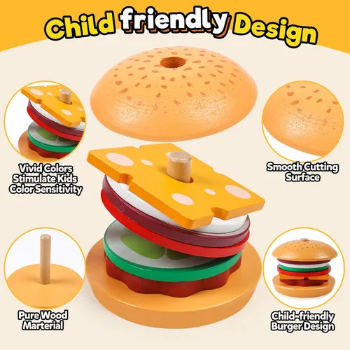 Vista 4 de Kizh Juguete apilable de madera para clasificar hamburguesas para niños pequeños, juguetes educativos Montessori de motricidad fina para niños