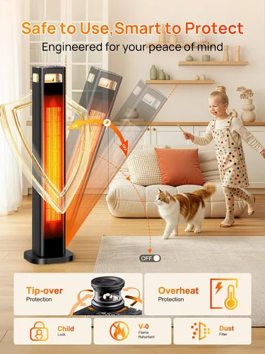 Vista 5 de Calentadores de espacio AKIRES para uso en interiores, calentador de habitación de 1500W para habitación grande con termostato, oscilación de 120°