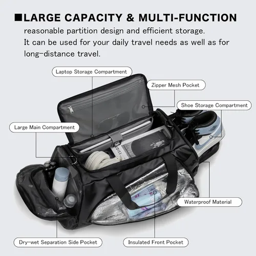 Vista 5 de Bolsa de viaje 40L, bolsa de gimnasio grande 4 en 1 con zapatos y ropa húmeda y compartimentos para laptop, color negro, Negro -, Bolsa de viaje