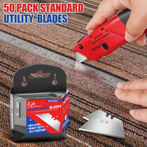 Vista 3 de DIYSELF Paquete de 50 Cuchillas para Cuchillo Utilitario, Cuchillas Cortadoras de Caja de Acero SK5 con Dispensador, Cuchillas Estándar