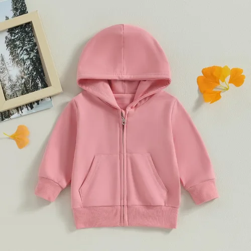 Vista 3 de Sudadera con capucha y cremallera para bebé niño y niña, color liso, de algodón, de manga larga, con bolsillos