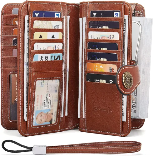 Vista 2 de BOSTANTEN Cartera de cuero genuino para mujer, de gran capacidad, cartera de mano, tarjetero con bloqueo RFID