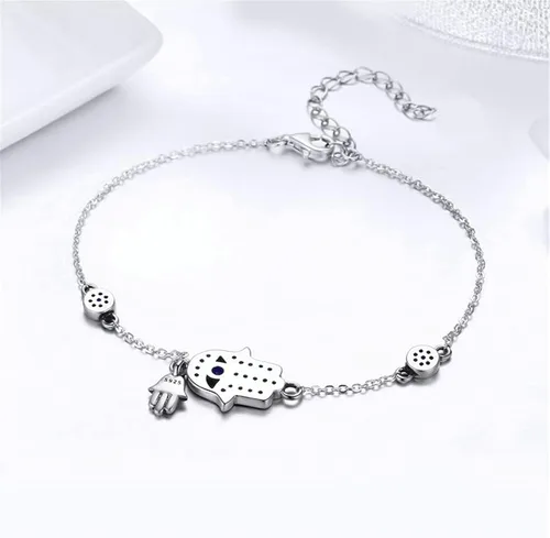 Vista 4 de BISAER Pulsera de plata de ley con cierre de dije para abalorios con piedras preciosas de zafiro, tapón de bloqueo de clip de ojo malvado