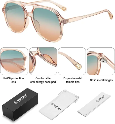 Vista 4 de MEETSUN Lentes de sol estilo aviador retro cuadrados de los años 70 para mujeres y hombres, lentes de sol vintage de doble puente con protección UV