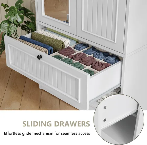 Vista 4 de iPormis Armario de madera con puerta de espejo y cajón, armario para recámara con 2 puertas para colgar ropa, color blanco
