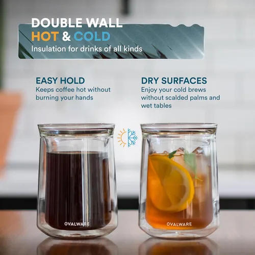 Vista 5 de ovalware Vaso de vidrio aislado de doble pared con un solo labio, juego de 2 (12 onzas / 11.8 fl oz), vidrio de borosilicato para café, té, whisky
