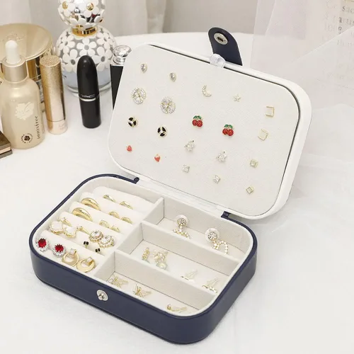 Vista 6 de Organizador de joyas de piel sintética de doble capa para mujeres y niñas, caja organizadora de joyas para collares, anillos y aretes