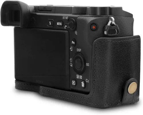 Vista 6 de MegaGear MG1641 Ever Ready - Media funda de cuero genuino para cámara compatible con Sony Alpha A6100, A6400 - Negro