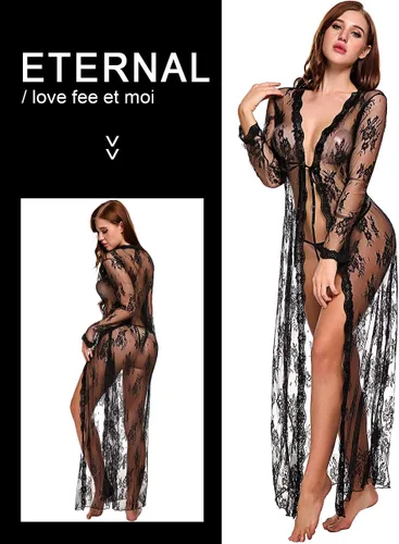 Vista 3 de Lencería para mujer sexy, largo vestido de encaje transparente vestido transparente de bata Kimono