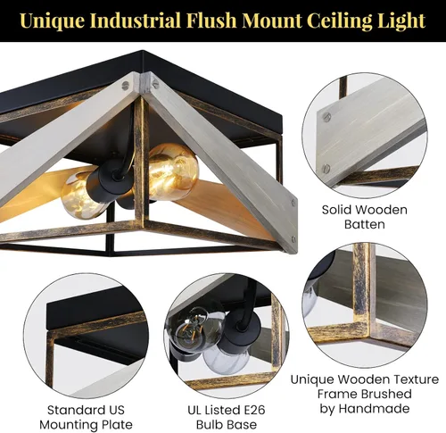 Vista 2 de Lámpara de techo industrial empotrada de 2 luces, lámpara de techo cuadrada de metal y madera, para cocina, pasillo, comedor, entrada, balcón