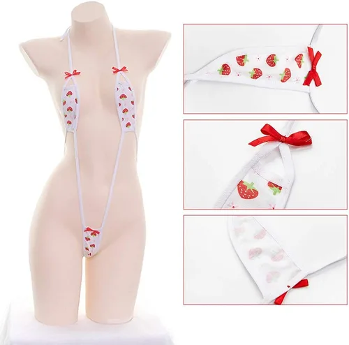 Vista 6 de YOMORIO Conjunto de lencería de micro bikini de fresa con tanga para cosplay