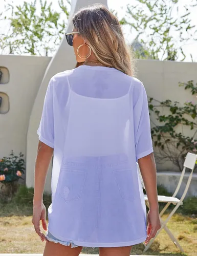 Vista 5 de CPOKRTWSO Cárdigan de verano para mujer, ligero, casual, de manga corta, traslúcido, para mujer, frente abierto (S-XL)