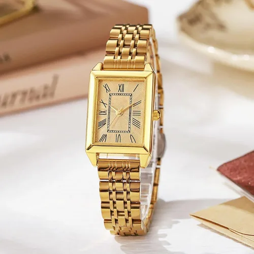 Vista 2 de Relojes de oro de lujo para mujer, reloj de pulsera rectangular vintage, esfera con números romanos, relojes de cuarzo analógicos