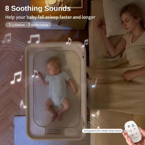 Vista 3 de Moisés de malla para bebé de 0 a 6 meses, moisés mecedor eléctrico con 3 velocidades de balanceo y 8 música, color beige
