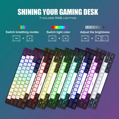 Vista 2 de RedThunder Combo de teclado y mouse 60% para juegos, mini teclado ultra compacto con retroiluminación RGB de 61 teclas, mouse óptico ligero de 7200
