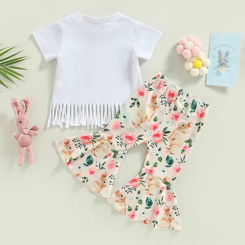 Vista 3 de AEEMCEM Conjunto de 2 piezas de camiseta de Pascua para niña pequeña, camiseta de conejo, camiseta y pantalones acampanados, ropa de Pascua