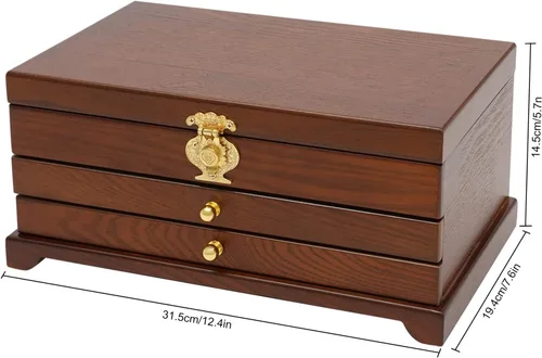 Vista 2 de Wooden Jewelry Box for Women 3-Tier Jewelry Organizer Box Dark Brown