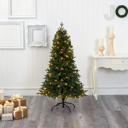 Vista 5 de Nearly Natural Árbol de Navidad artificial de abeto Vermont de 5 pies con 150 luces LED transparentes
