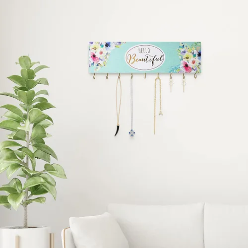 Vista 6 de SANY DAYO HOME Organizador de joyas montado en la pared, moderno soporte de madera con 9 ganchos de metal para collares, anillos, aretes, pulseras