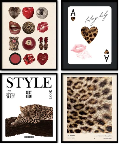 Vista 17 de KDHTY Juego de 4 Impresiones Artísticas de Pared Retro Rojas de Moda, Pósters de Arte de Pared Funky Retro Y2K Leopardo Caja de Cerillas Estrella